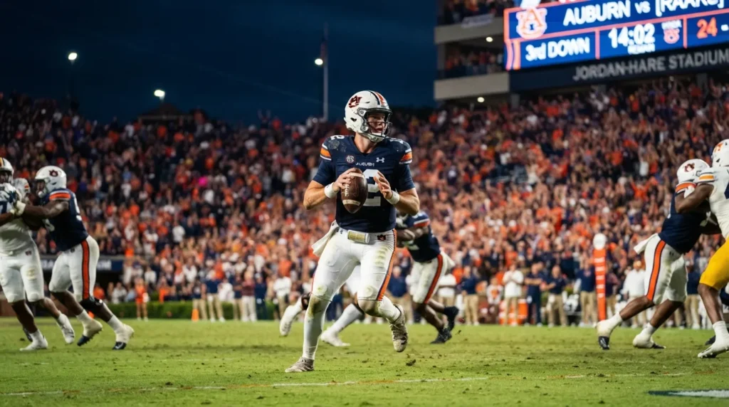 Packed college football stadium at sunset with fans dressed in orange and navy cheering for Auburn football